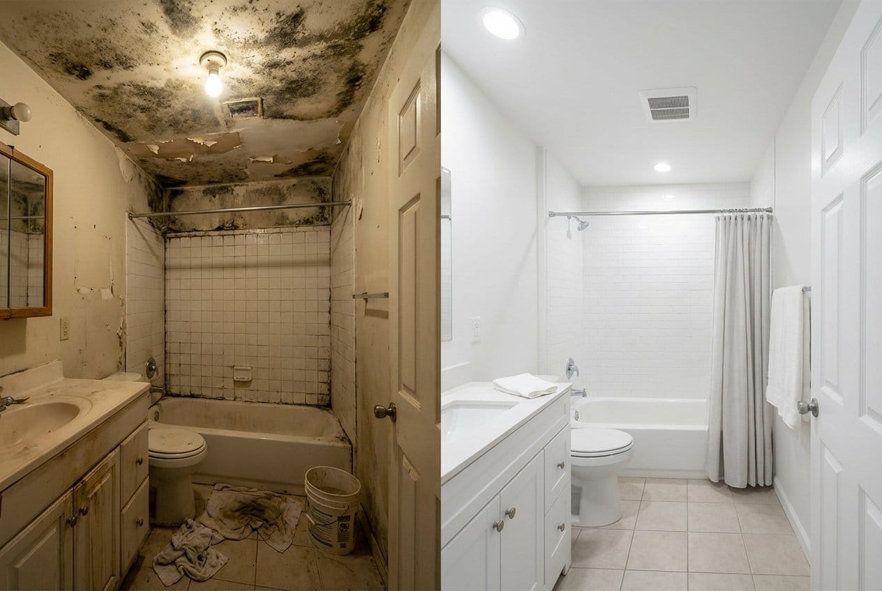 Before and after mold inspection & moisture assessment in Fort Lee split-level home bathroom