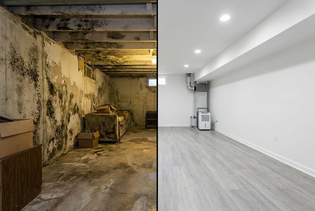 Attic & Crawl Space Mold Removal before and after in finished basement, Fort Lee NJ