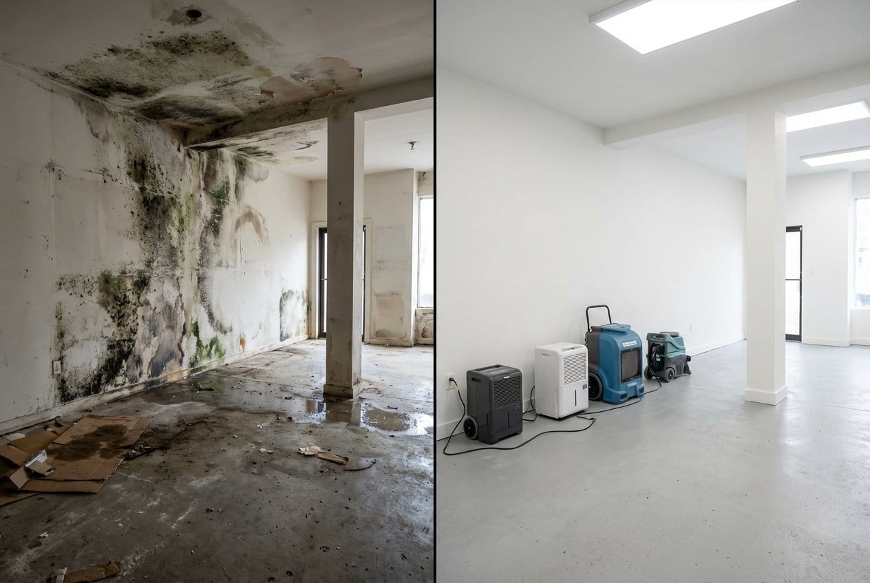 Before and after attic & crawl space mold removal in Fort Lee Cape Cod house storefront interior