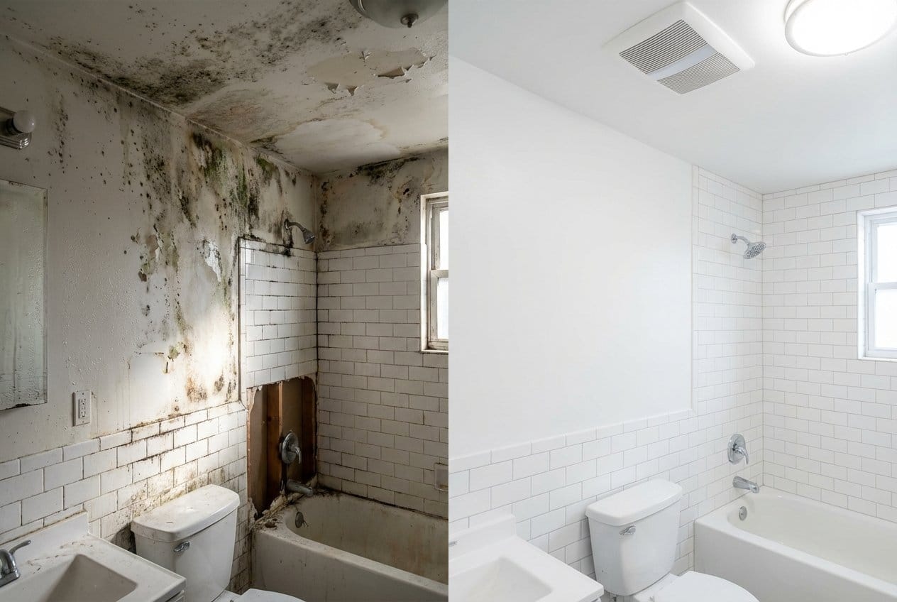 Before and after basement & foundation mold removal in Fort Lee private residence bathroom