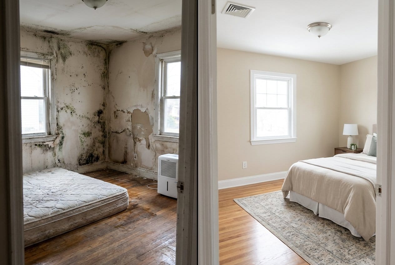 Before and after bathroom & kitchen mold removal in Fort Lee bi-level home bedroom