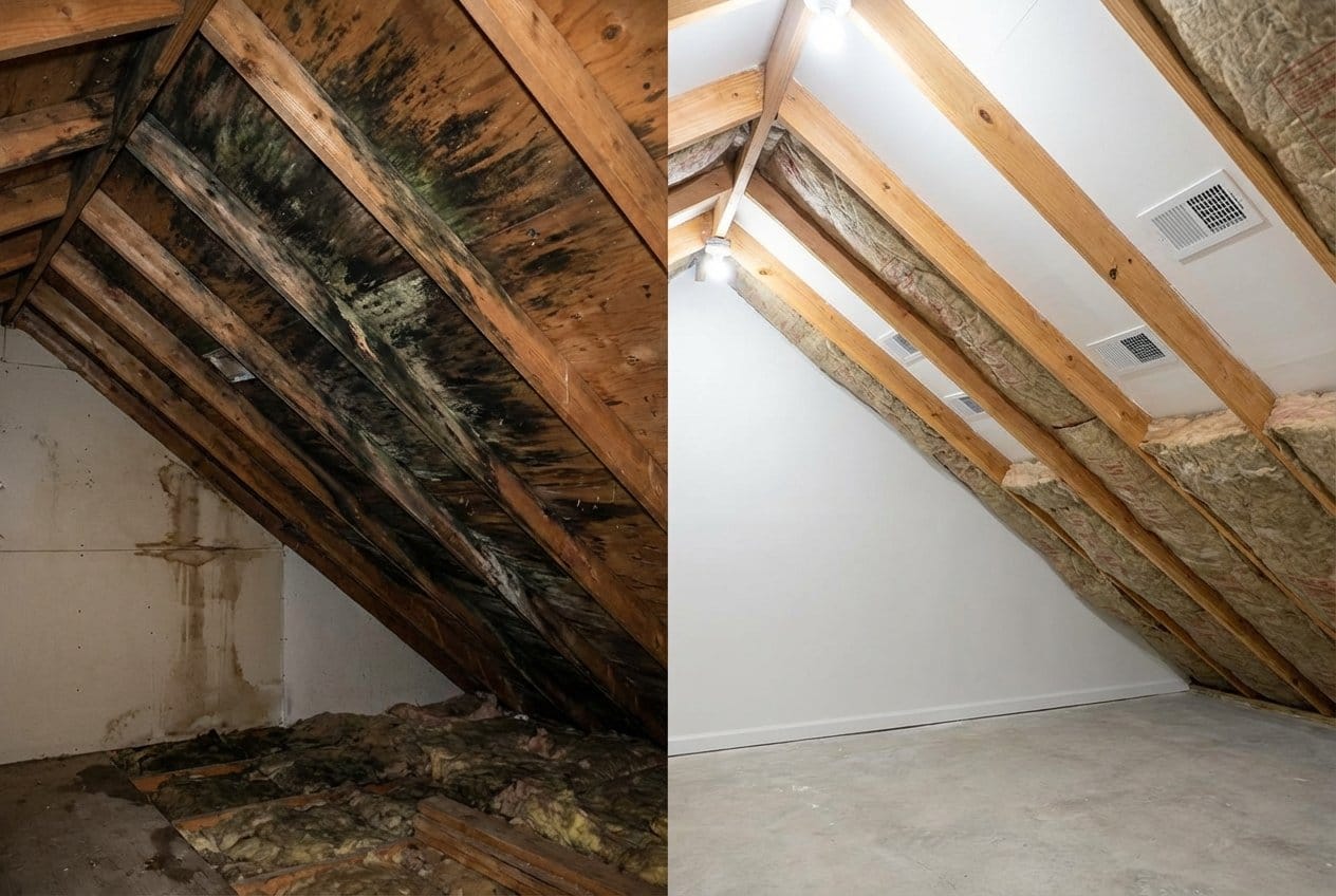 Before and after post-remediation cleaning & clearance in Fort Lee single-family home attic space
