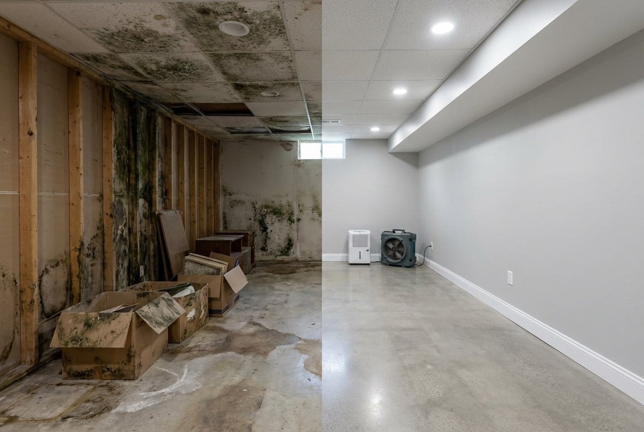 Humidity & Moisture Control Solution before and after in finished basement, Fort Lee NJ